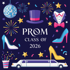 Festive, dark blue graphic features dance attire, fireworks, and text "PROM. © Suliss