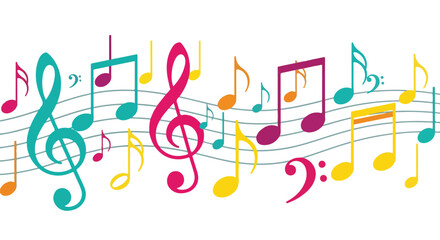 Colorful musical notes and symbols on flowing musical staff lines (1) © Juli