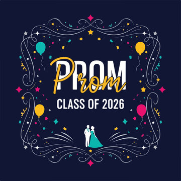 Festive, dark background with "Prom" text and embellishments