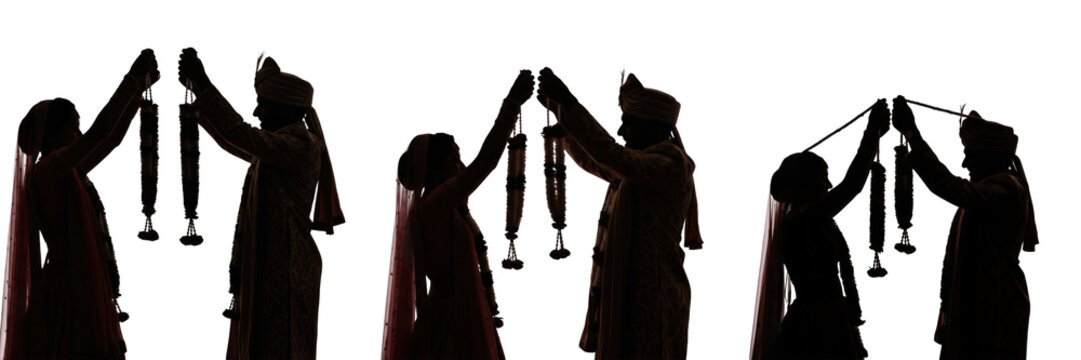Indian Wedding Couple Jaimala Ceremony Silhouette Set Isolated on White Background for Traditional Marriage Celebration