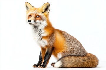 Fototapeta premium attentive red fox sitting in white background studio light observes its surroundings with beautiful orange and white fur.