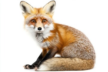 Obraz premium red fox portrait sitting calmly with focused gaze wildlife animal mammal close-up isolated on white background natural setting wild animal beauty.