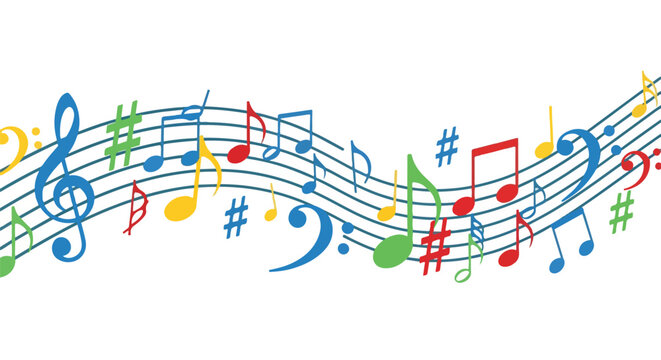 Colorful musical notes and symbols on flowing musical staff lines