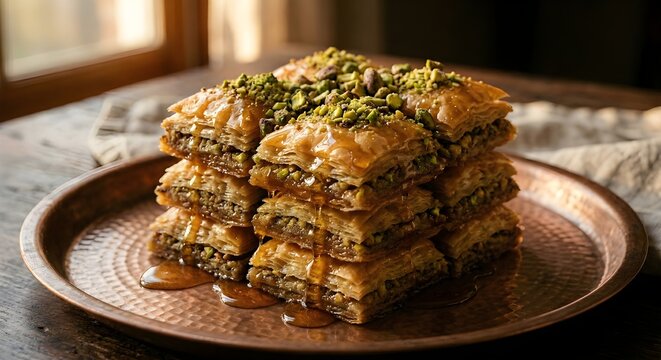 Traditional sweet baklava with honey syrup and crushed pistachios on copper tray