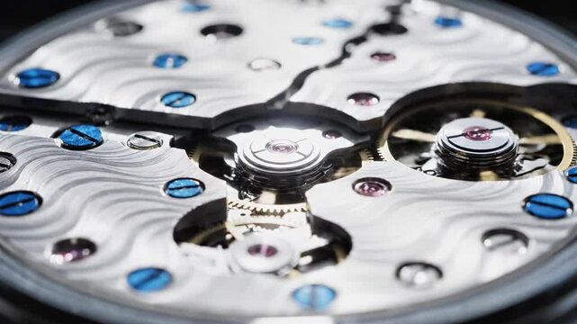 A close-up view of a mechanical watch's inner workings, featuring intricate gears, jewels, and metallic components