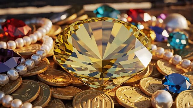 Yellow Diamond and Jewels in Pirate Treasure Chest