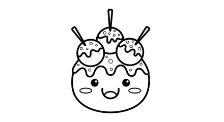 Obraz premium Cute Kawaii Takoyaki Illustration with Smiling Face and Skewers, Black and White Line Art Sketch for Kids and Japanese Culinary Design