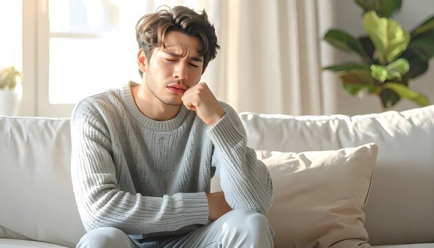 Young man resting his head on hand with tired expression suggests fatigue, sickness, or headache, illustrating low energy condition and wellness concern in a soft indoor scene.