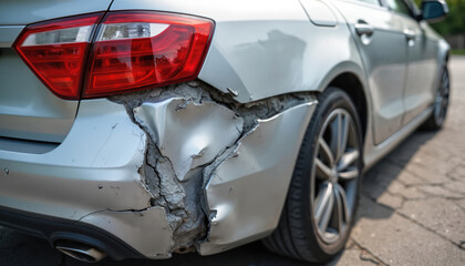 Silver car with cracked rear bumper. Vehicle sustained impact damage from accident. Automotive body part broken. Car needs repair after collision.