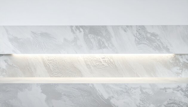 Detalhe de parede moderna com pain&eacute;is de m&aacute;rmore cinza claro e ilumina&ccedil;&atilde;o LED embutida horizontalmente.