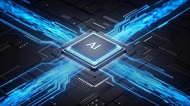 Futuristic AI microchip processor on circuit board glowing blue data flow artificial intelligence technology concept digital transformation machine learning computing power innovation cybernetic backg