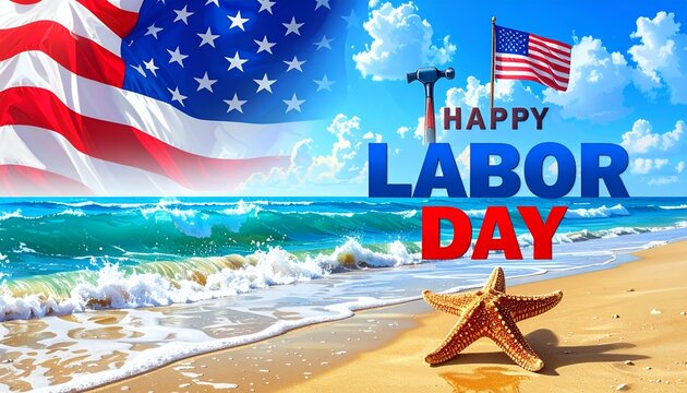 Feliz Dia do Trabalho com bandeira americana, estrela-do-mar e praia tropical ensolarada.