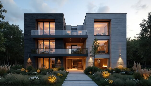 Modern duplex home with garden at dusk. Illuminated interior windows, exterior lights highlight contemporary architecture. Minimalist landscaping with grass, flowers surrounds luxury residential
