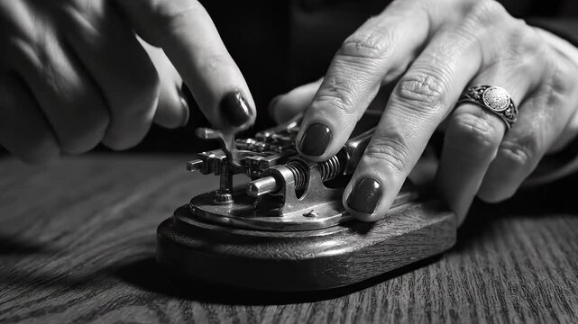 Hands operating vintage telegraph key