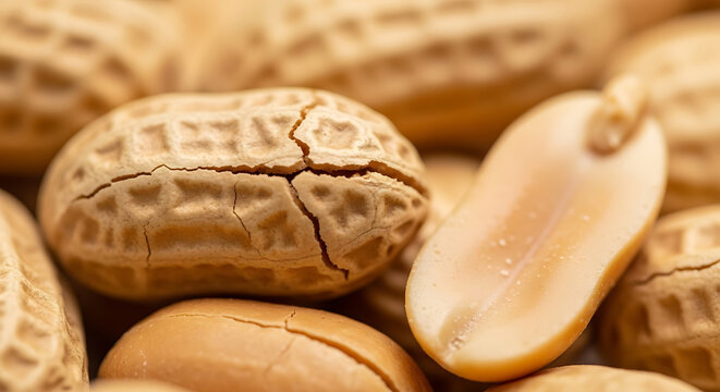Close-up of peanuts with one shell cracked open.