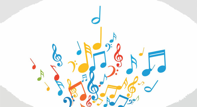 Colorful musical notes floating on a white background with a textured border