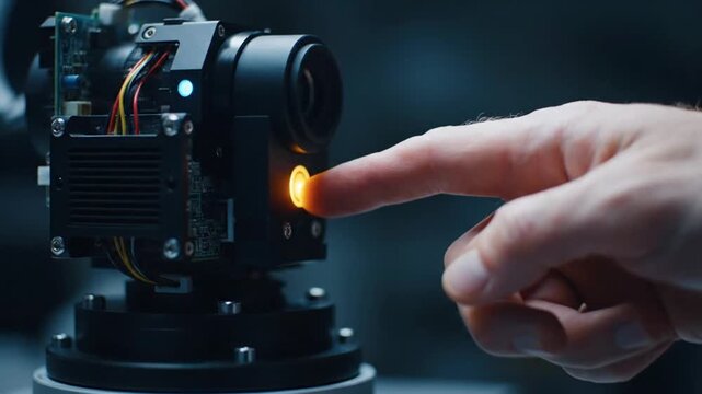 Technician's finger activating robotic arm with glowing orange button in futuristic factory setting