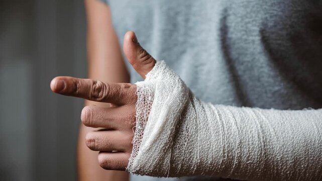 Adolescente with bandaged arm and hand jokes by making a gun gesture with his hand