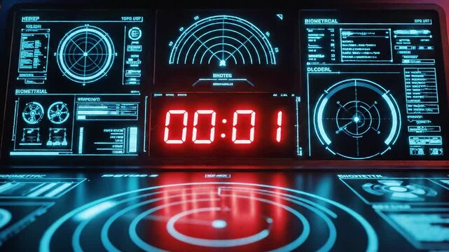 A futuristic digital interface with a countdown timer and various blue and red graphics and symbols on a dark background