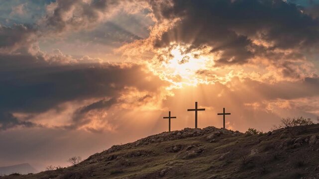 Slowly zoom in on the three crosses, the clouds opens and the sunlight shines directly on the three crosses