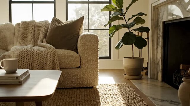 Cozy Living Room Scene With Teddy Sofa And Fiddle Leaf Fig Plant Lit By Warm Sunlight