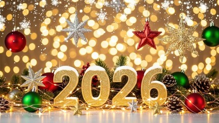 Christmas decorations with 2026 written in gold letters on a bokeh background.