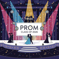 Colorful illustration of a prom stage with couples dancing and confetti falling © Melina