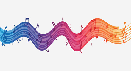 Colorful musical notes on a staff in a wavy pattern, on white background © Juli