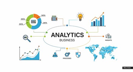 Business Analytics Infographic with Data, Insights, Processes and Global Reach