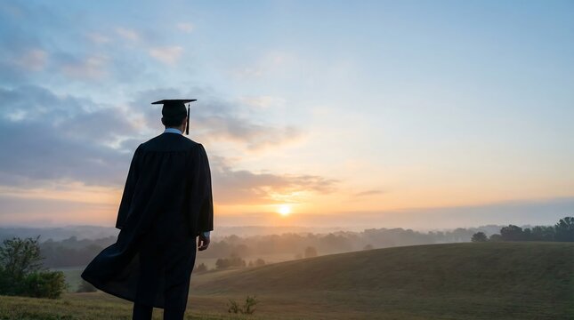 A graduate in cap and gown stands alone on a hill at sunrise seen from back view, graduation moment serene landscape