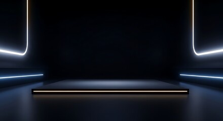 Professional dark automotive studio with glowing blue neon light for futuristic car showcase and brand presentations