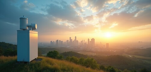 Fototapeta premium Air quality monitoring device sits on grassy hill overlooking city skyline at sunset. Device measures air pollution data. Environmental sensor checks smog, clean air.
