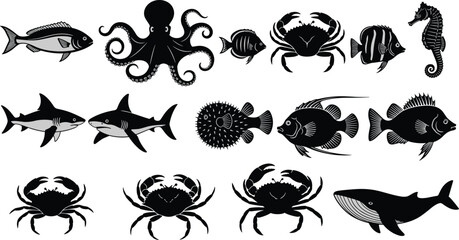 Large set of black and white sea life silhouettes including octopus, sharks, whale, crabs, seahorse, pufferfish, and various tropical fish icons. © IMRAN KHAN