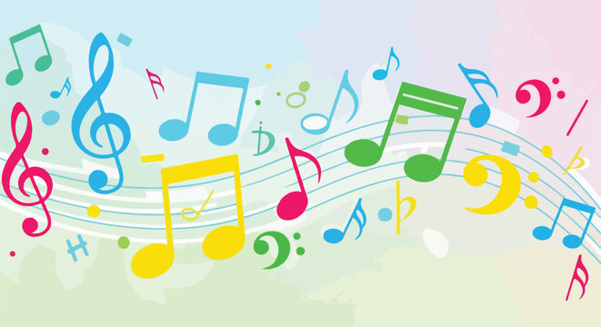 Colorful musical notes and symbols float on a soft, blended background