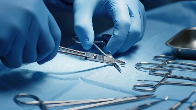 Surgeons hands handling surgical instruments