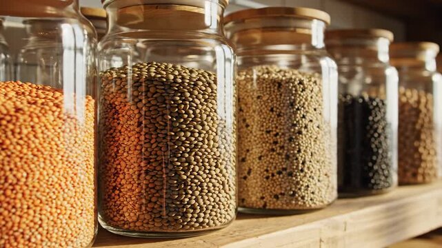 Various Legumes and Grains Stored in Clear Glass Jars on a Wooden Shelf with Natural Sunlight Streaming In