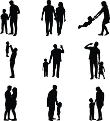 Family and parent child silhouettes collection, loving moments of parents with kids, black human figures isolated on white background vector