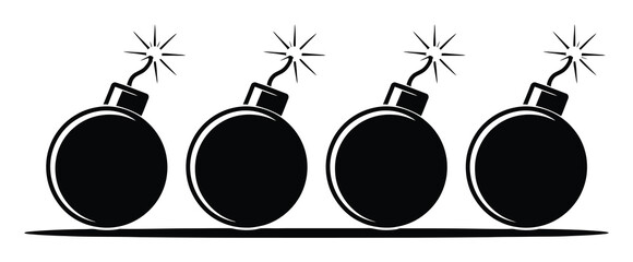 Four black cartoon bombs with lit fuses lined up on a white background © pixelVista