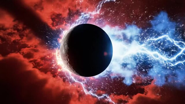 A celestial body with red and blue light emanating from it, set against a backdrop of clouds and a large sun or star