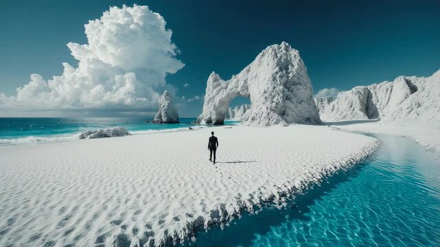 Man in Black Suit Walking on Surreal White Sand Beach with Natural Limestone Arch and Turquoise Water