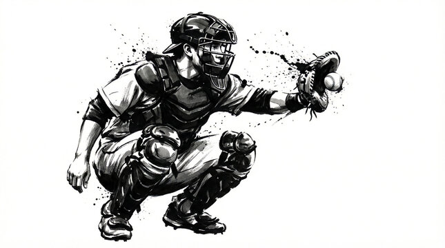 Ink wash painting of a baseball catcher catching a ball with black ink splashes