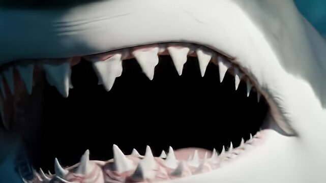 Close-up view of a shark's mouth, revealing rows of sharp, pointed, white teeth