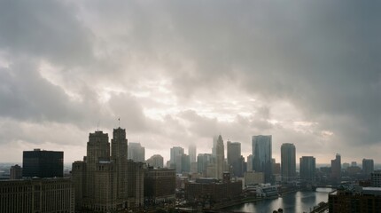 Fototapeta premium Overcast Urban City Skyline With River And Modern Buildings