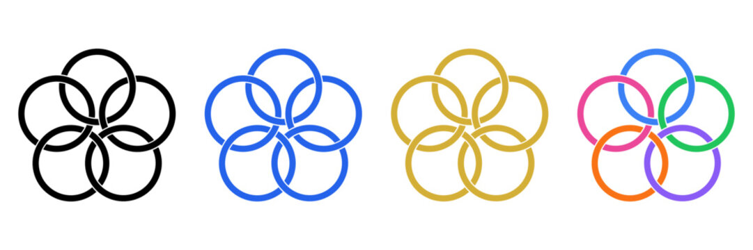 Abstract interlocking circles logo set in black, blue, gold and gradient colors. Modern geometric vector symbol for business, technology, branding, identity, and corporate design.