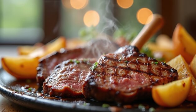 Juicy grilled steak with roasted potatoes is served on black plate. Steaming hot meat is garnished with fresh herbs and spices. Delicious dinner meal looks very appetizing and fresh.