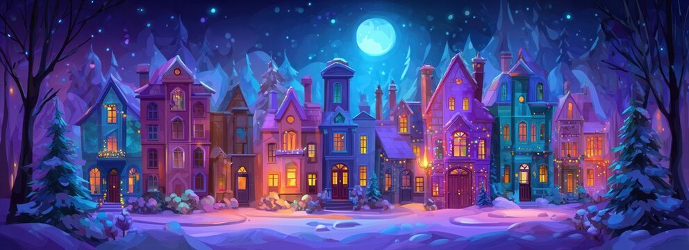 Vila de casas coloridas sob a luz da lua cheia em uma noite m&aacute;gica de inverno nevado.
