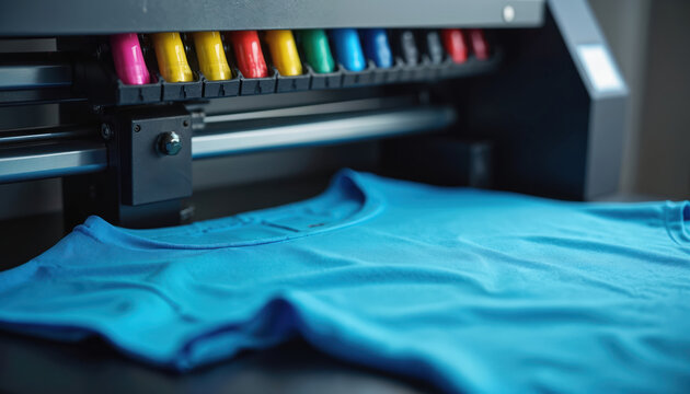 Direct to garment printer applies ink colors onto blue t-shirt. Apparel customization equipment ready for fabric design printing. Shirt production process in a studio setting.