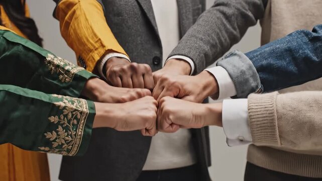 Group of people joining hands in unity