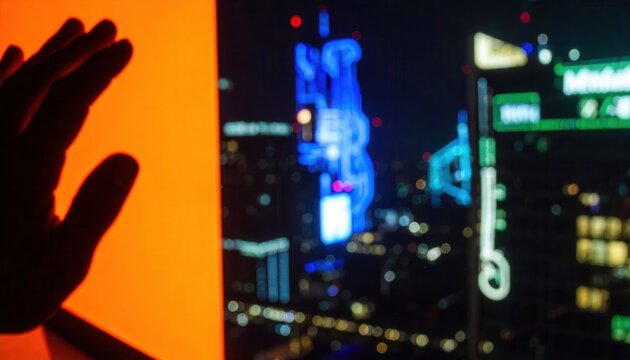 Silhueta de m&atilde;o toca tela futurista com vista noturna de arranha-c&eacute;us iluminados da cidade.