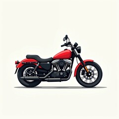 Red motorcycle illustration flat design clean lines simple background. Classic vehicle for transport, travel, adventure, speed, freedom, retro style, powerful engine, chrome details, two wheels.